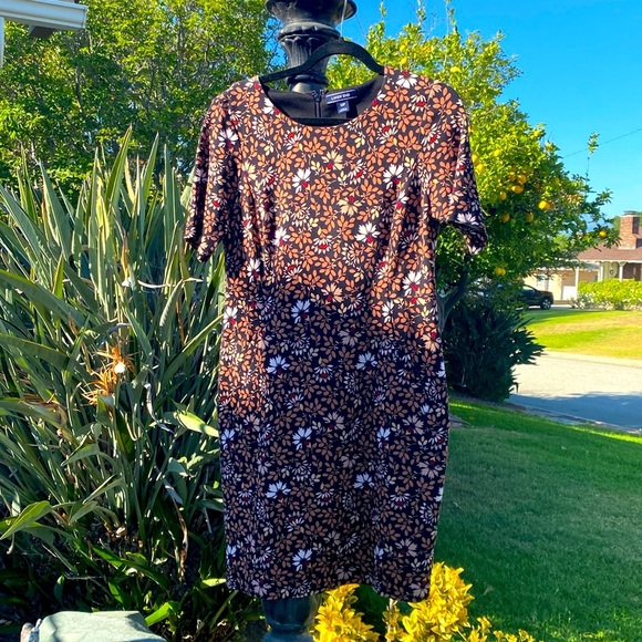LANDS’ END Size 12P Stretchy Sheath Dress BROWN BLACK CREAM FLORAL EUC - Picture 3 of 13
